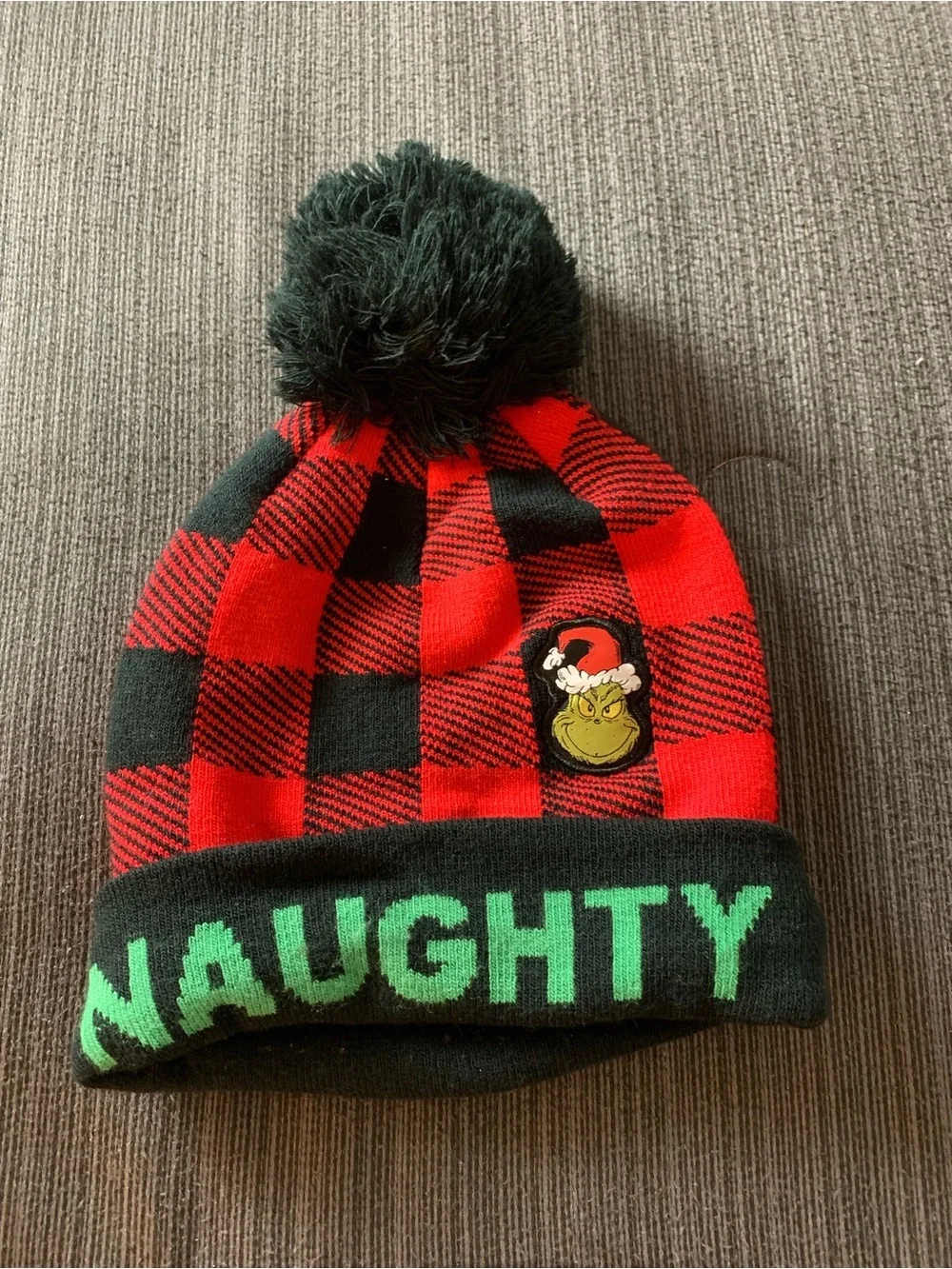 Universal Studio Grinch Naughty Buffalo Plaid Hat Black Red Green